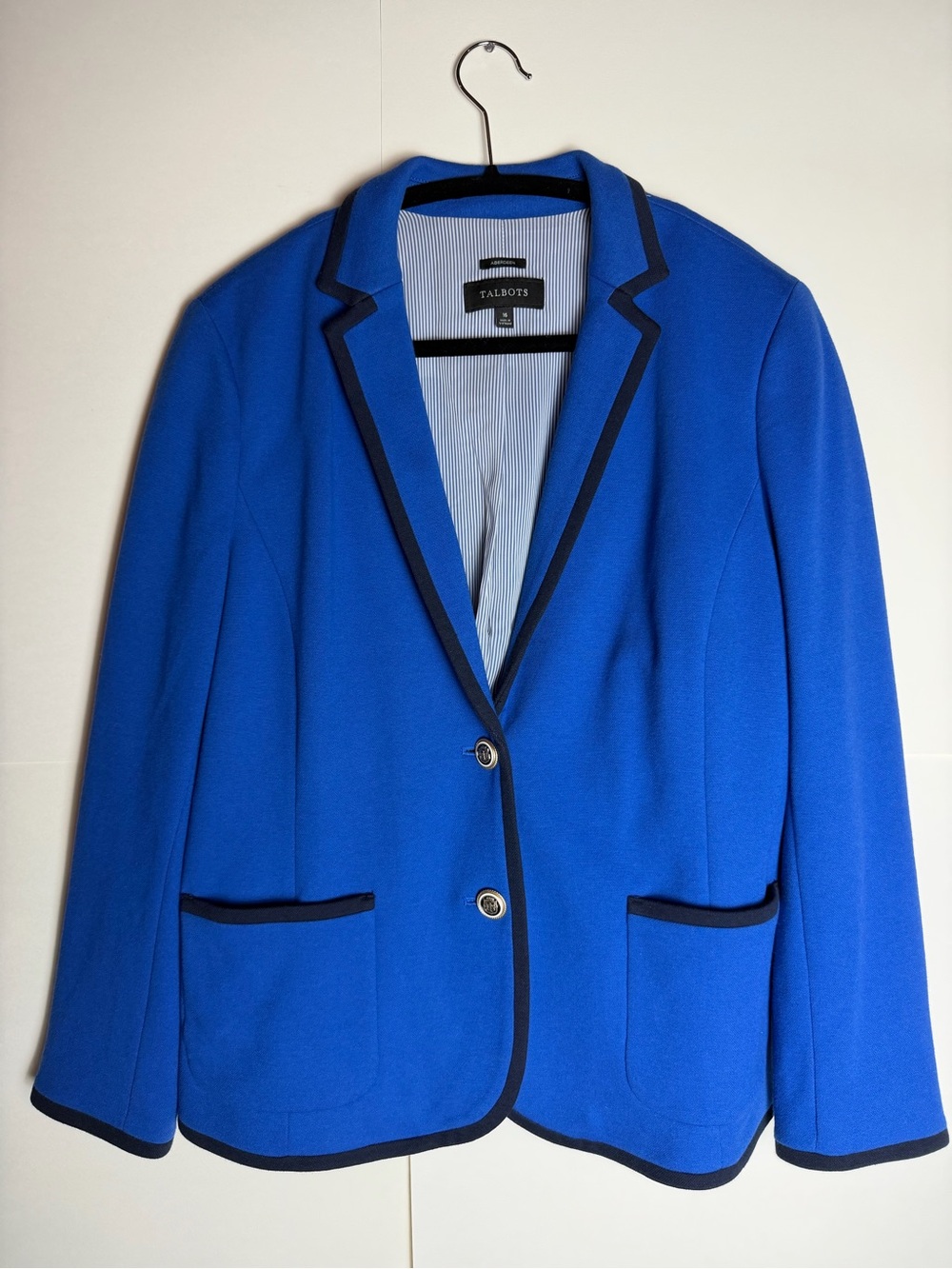 Talbots Aberdeen Royal Blue Blazer Size 16 Navy Trim Crest Buttons